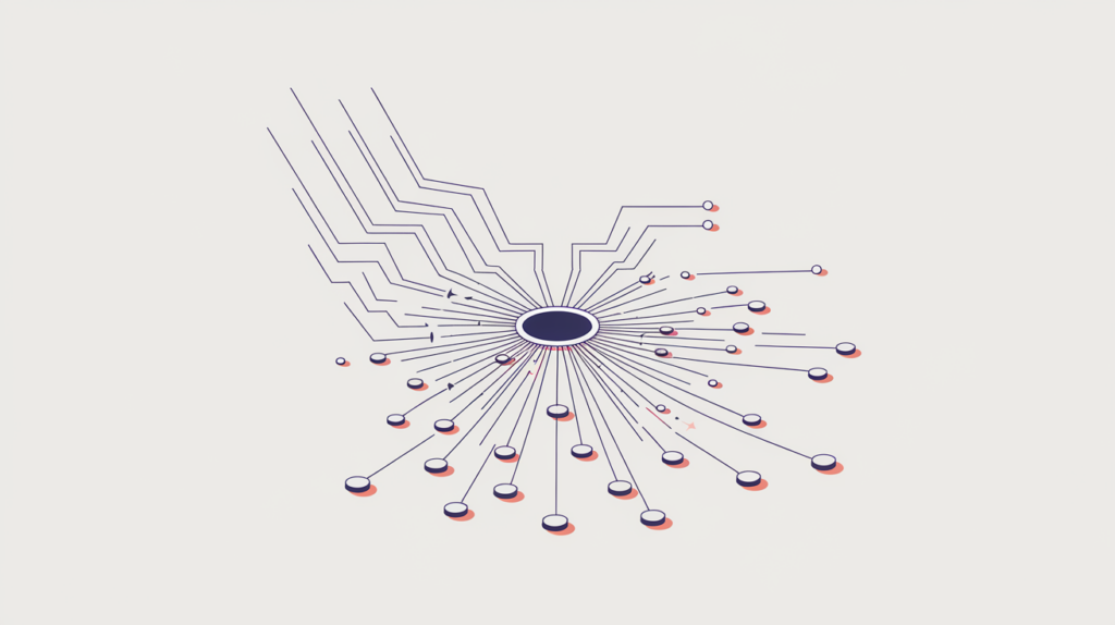 Abstract illustration of inbound backlinks converging on a single exact URL node, separate from its host and domain cluster, in RankGear indigo and coral.
