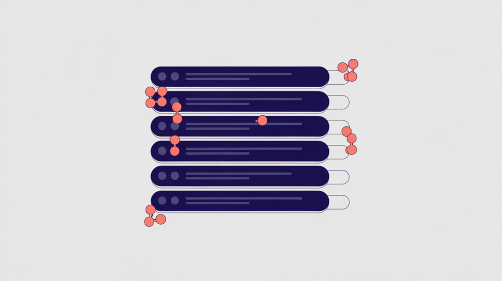 Abstract illustration of entity tokens counted inside stacked H2 heading bars, in RankGear indigo and coral.