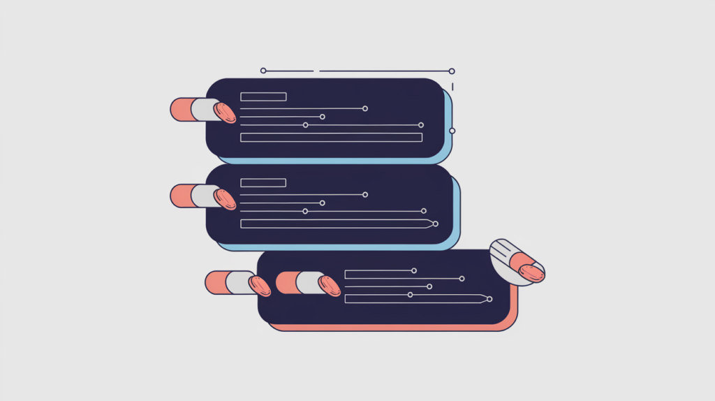 Abstract illustration of entity tags counted across a stack of H3 subsection headings, in RankGear indigo and coral.