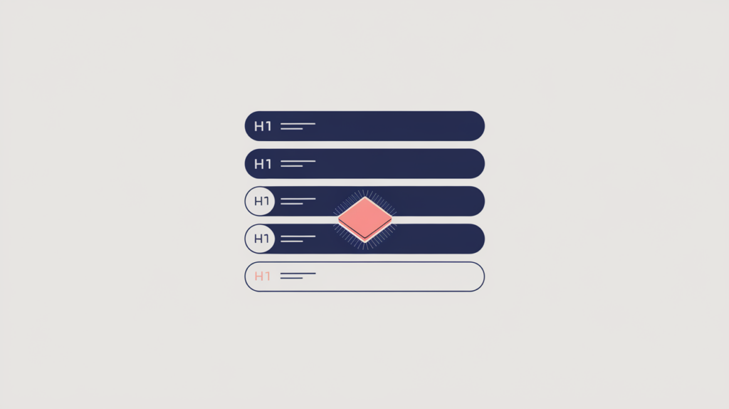 Abstract illustration of a named entity highlighted inside a fourth-level H4 heading within a heading hierarchy, in RankGear indigo and coral.