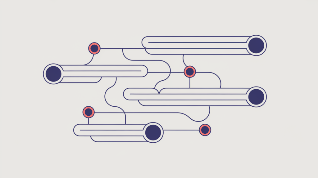 Abstract illustration of highlighted entity nodes embedded within lines of sentence prose, in RankGear indigo and coral.