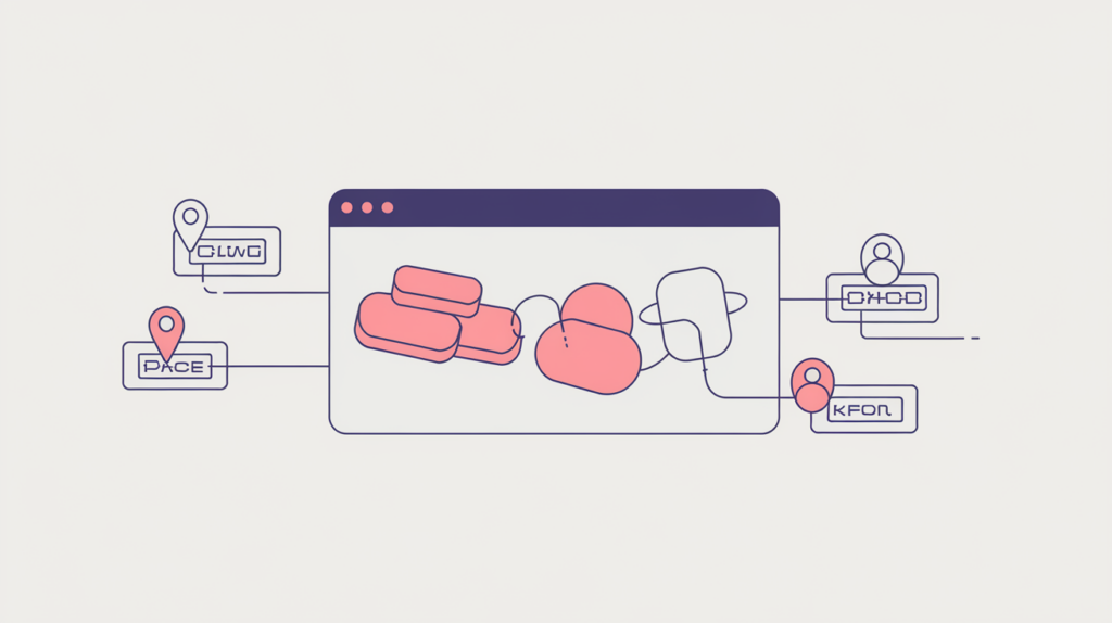 Abstract illustration of named entities matched inside a browser page title, in RankGear indigo and coral.
