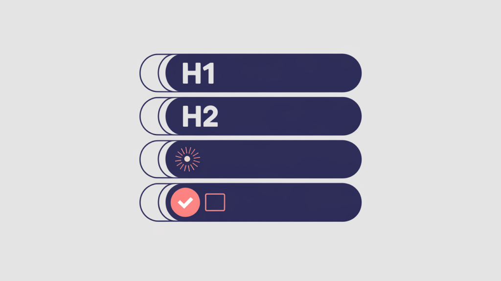Abstract illustration of an entity token detected inside a small indented H3 heading bar within a heading hierarchy, in RankGear indigo and coral.