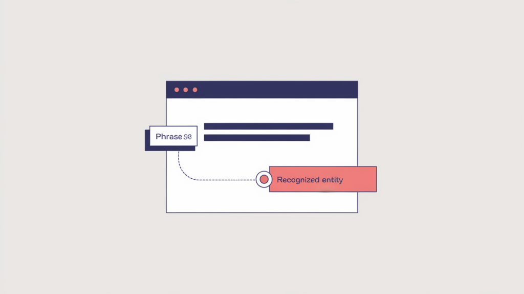 Abstract illustration of a meta description containing a highlighted named entity, in RankGear indigo and coral.