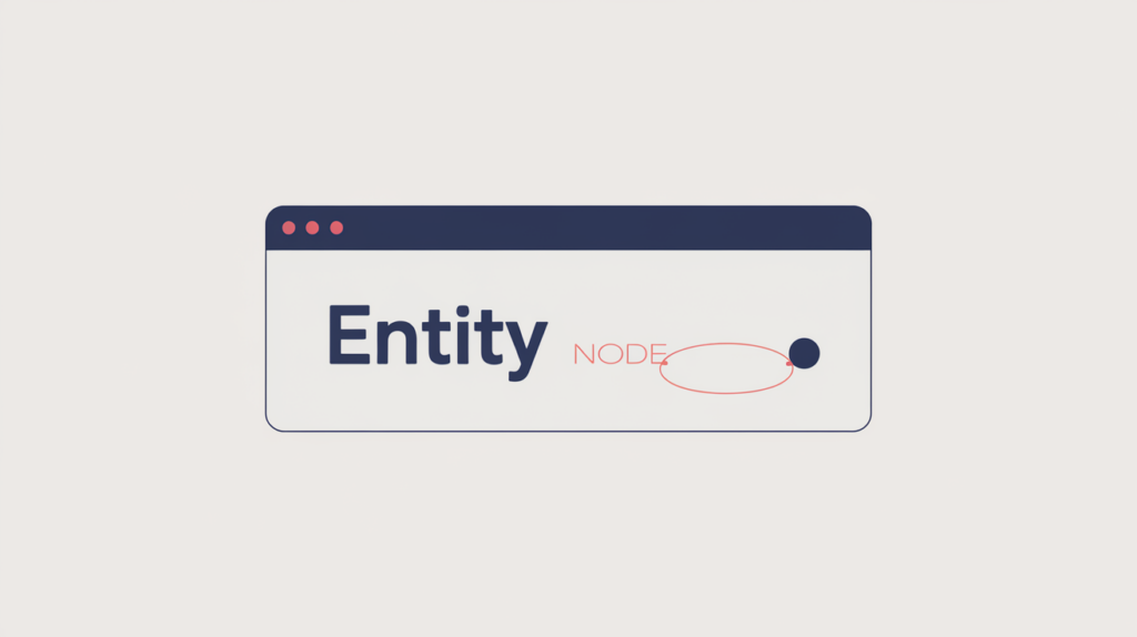 Abstract illustration of a page title with one named entity highlighted and linked to an entity node, in RankGear indigo and coral.