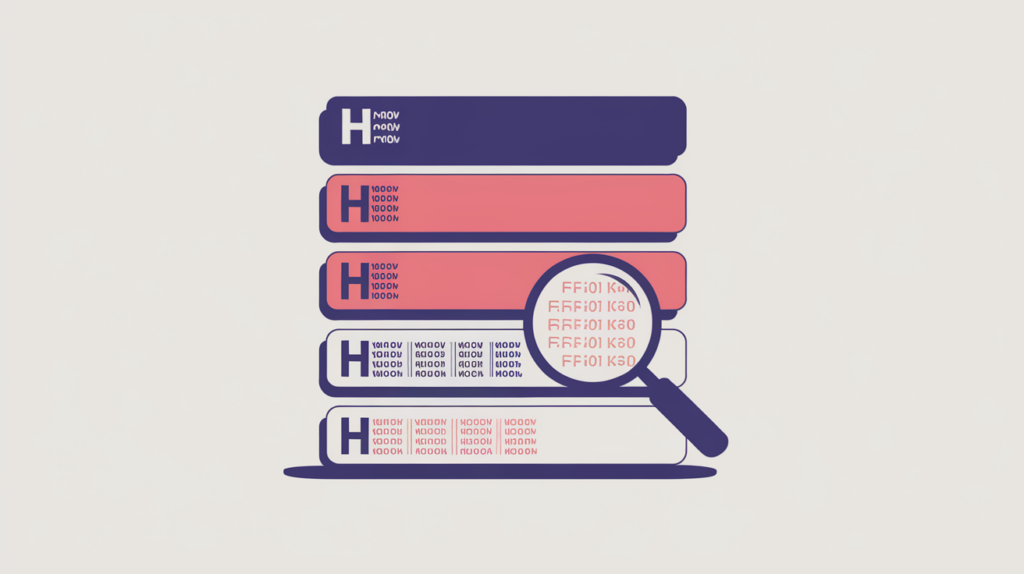 Abstract illustration of a query phrase matched across a stack of H1 to H6 heading bars, in RankGear indigo and coral.
