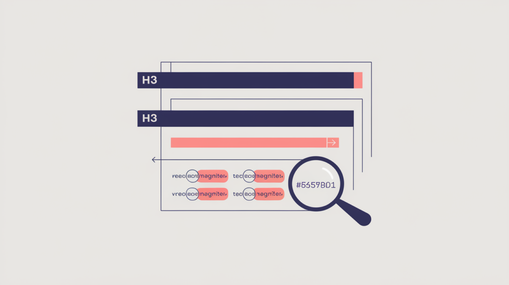Abstract illustration of exact query matches counted inside third-level H3 headings, in RankGear indigo and coral.