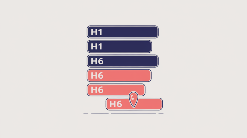 Abstract illustration of a six-level heading stack with an exact-match marker on the smallest H6 bar, in RankGear indigo and coral.