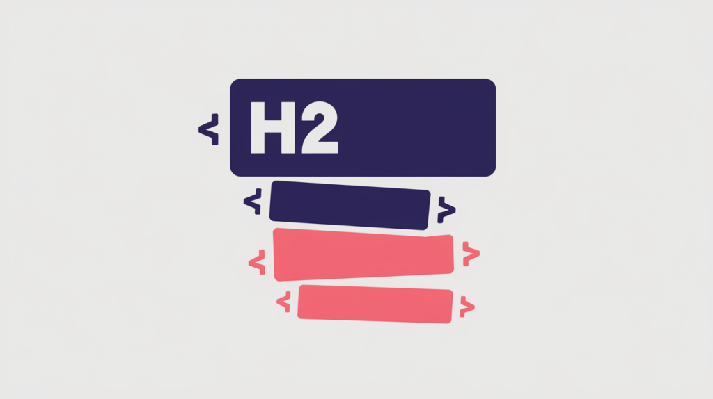 Abstract illustration of an H2 heading bar exactly bounded by start and end anchors as a whole-query match, in RankGear indigo and coral.