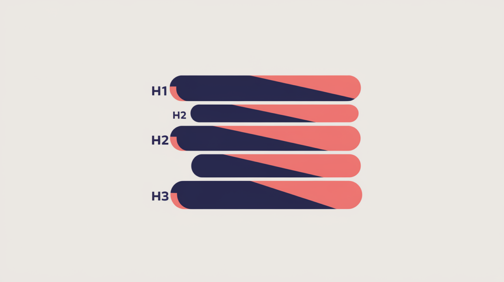 Abstract illustration of three headings each beginning at a shared left anchor with a highlighted opening block, in RankGear indigo and coral.
