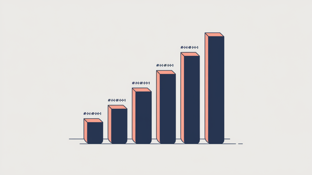 Abstract illustration of a heading outline where several bars are marked at their leading edge to show they begin with a keyword variation, in RankGear indigo and coral.