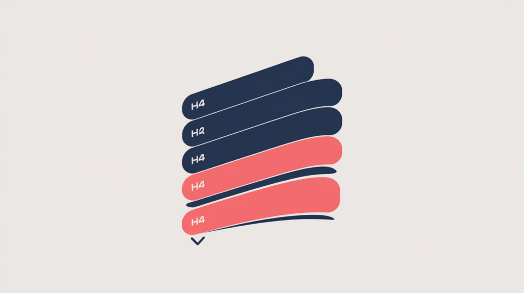 Abstract illustration of a fourth-level H4 heading with its leading word highlighted, in RankGear indigo and coral.