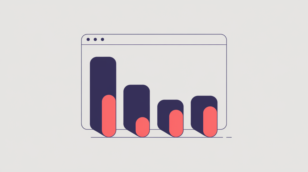 Abstract illustration of a deeply indented heading outline where the three smallest subheading bars are marked at their leading edge to show they begin with a keyword variation, in RankGear indigo and coral.