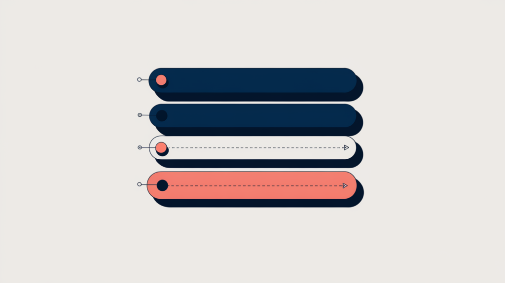 Abstract illustration of fifth-level subheadings that begin with a highlighted leading keyword variation anchored to the start, in RankGear indigo and coral.