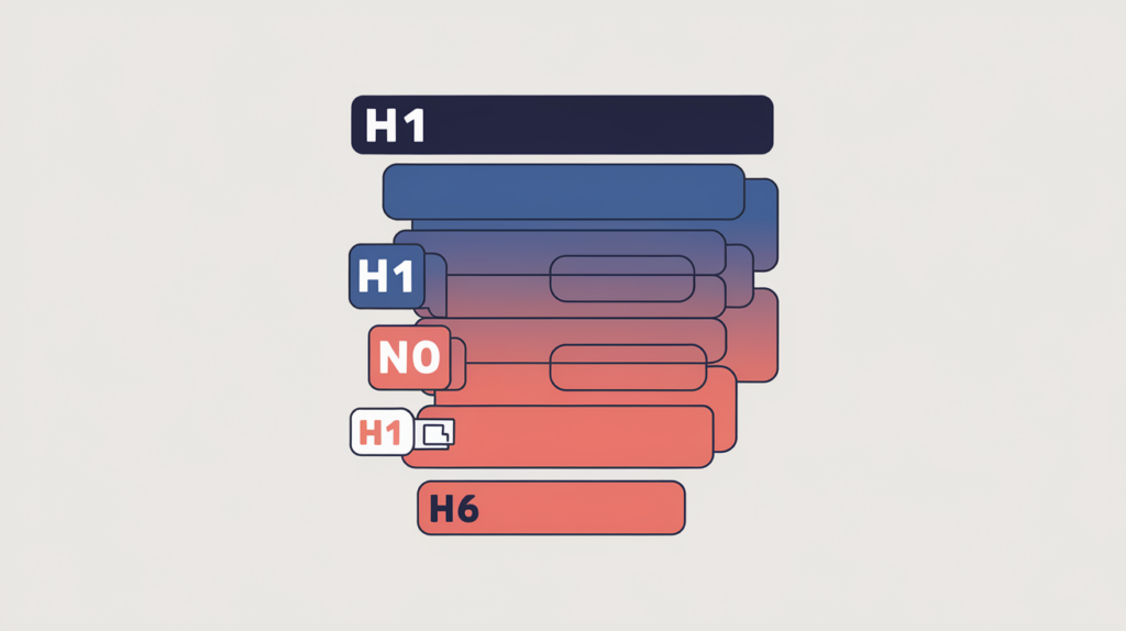 Abstract illustration of a nested heading hierarchy with the deepest sixth-level bar marked at its leading edge, in RankGear indigo and coral.