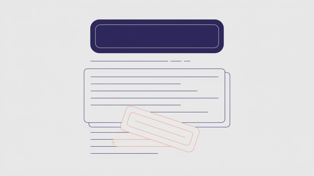 Abstract illustration of a page with a single dominant primary heading and a flagged duplicate top heading, in RankGear indigo and coral.
