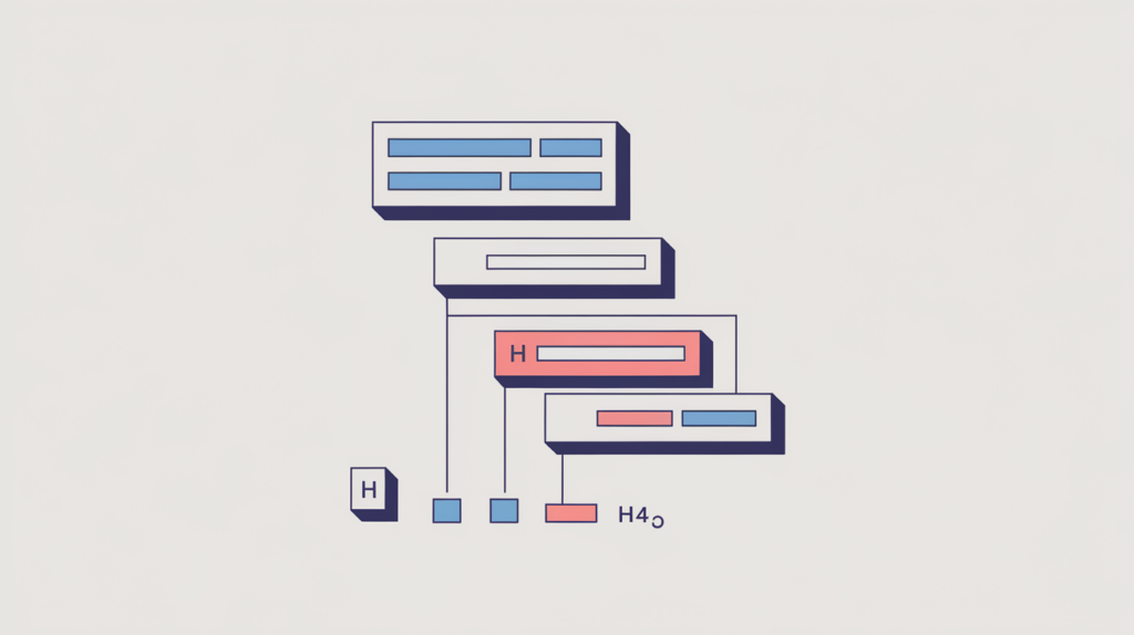 Abstract illustration of nested fourth-level H4 subsection headings stepping beneath larger section blocks, in RankGear indigo and coral.
