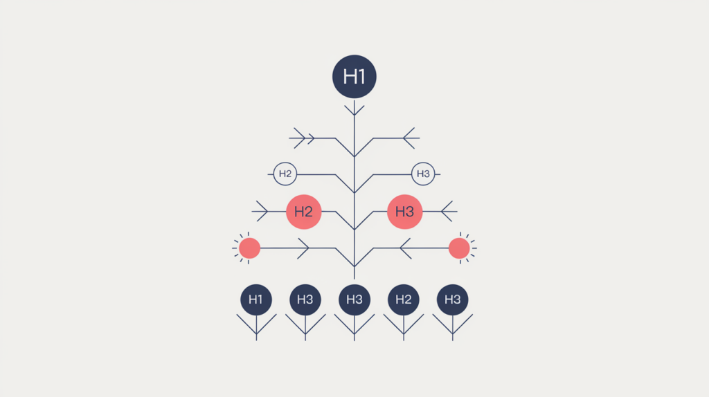 Abstract illustration of a heading hierarchy tree ending in counted fifth-level H5 leaf nodes, in RankGear indigo and coral.