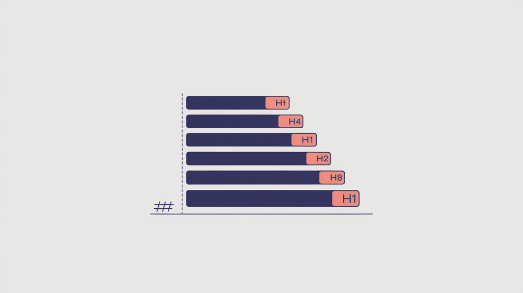 Abstract illustration of a stack of six descending heading-level bars being counted, in RankGear indigo and coral.