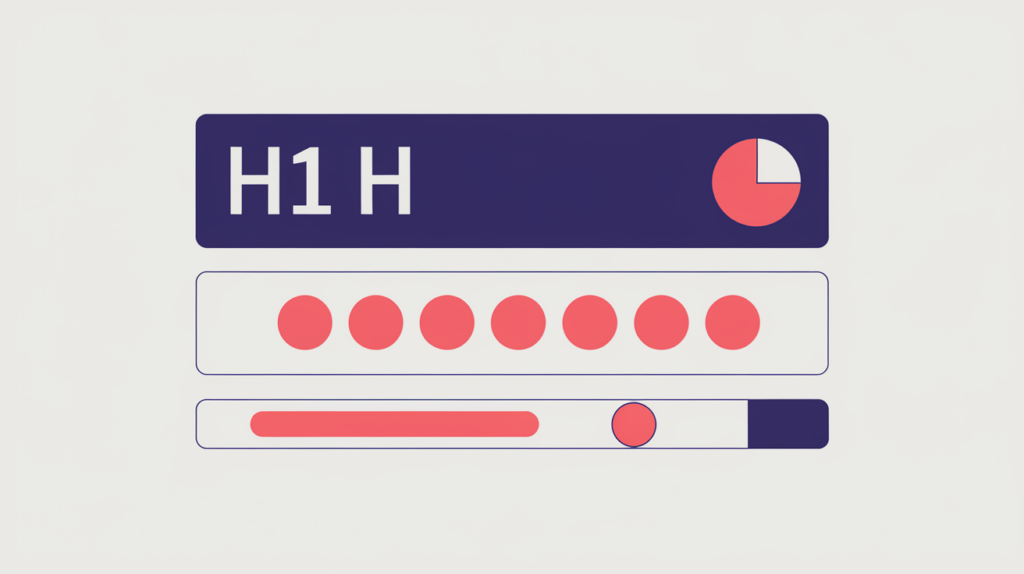 Abstract illustration of repeated keyword-variation tokens counted inside H1 and H2 heading bars, in RankGear indigo and coral.
