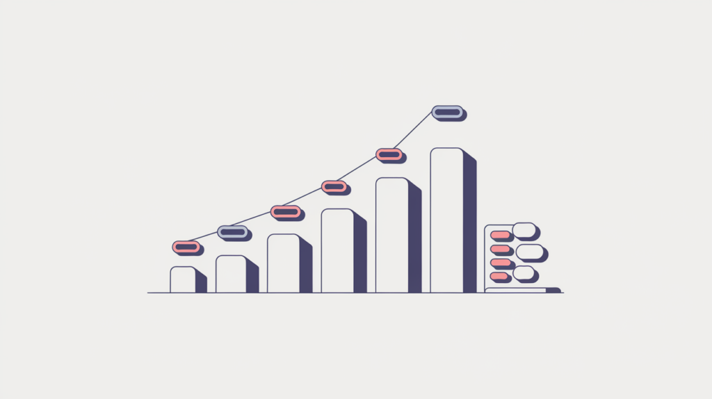 Abstract illustration of keyword variations counted across a full H1-to-H6 heading outline and summed into one total, in RankGear indigo and coral.
