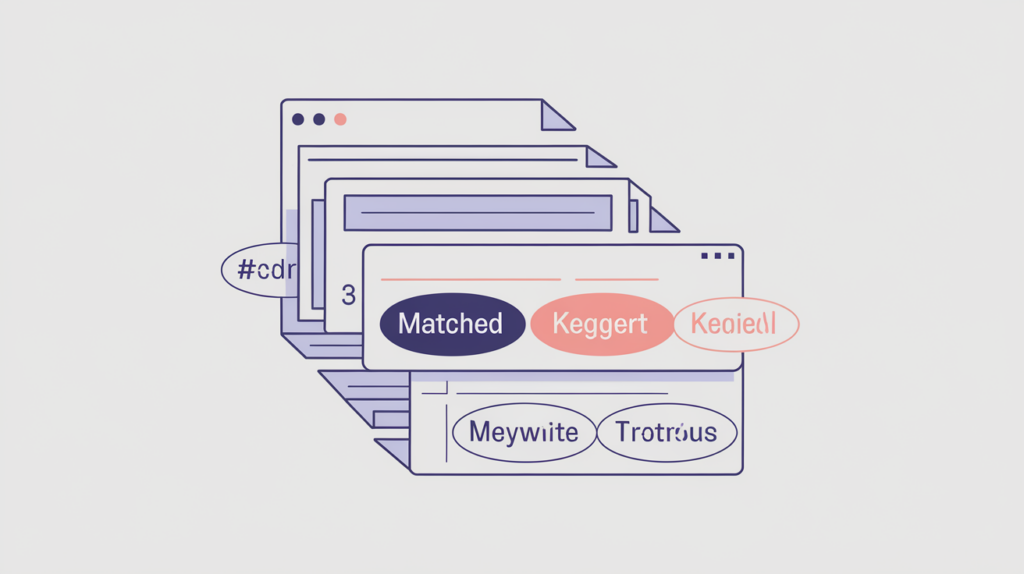 Abstract illustration of highlighted keyword variations inside indented third-level H3 subheadings, in RankGear indigo and coral.