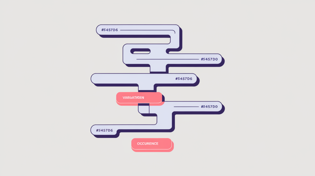 Abstract illustration of keyword variations counted inside deep H4 subsection headings, in RankGear indigo and coral.