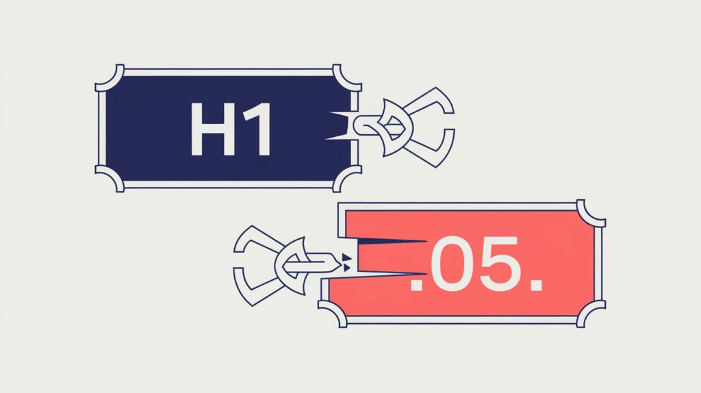 Abstract illustration of an H1 heading that exactly fills its frame versus one overflowing past both anchors, in RankGear indigo and coral.