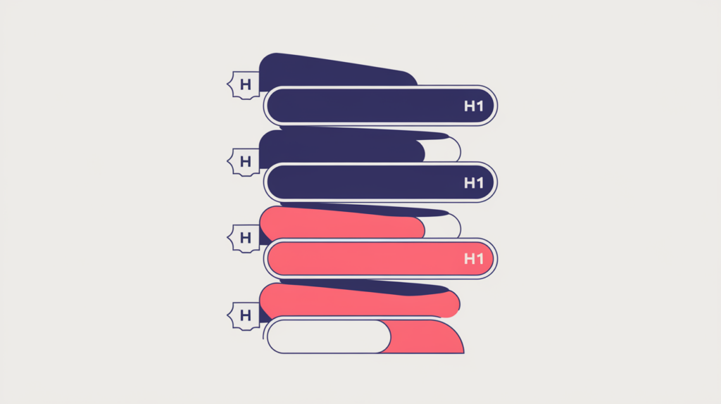 Abstract illustration of stacked H1-H6 heading bars with whole-bar exact matches framed and counted, in RankGear indigo and coral.