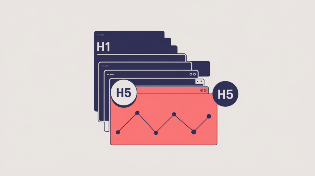 Abstract illustration of a deepest-level H5 heading bar filled exactly by one keyword variation while a neighbor overflows, in RankGear indigo and coral.