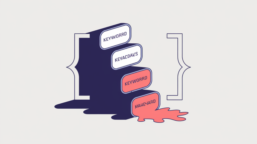 Abstract illustration of an H6 heading bar filled edge to edge by swappable keyword-variation chips, in RankGear indigo and coral.