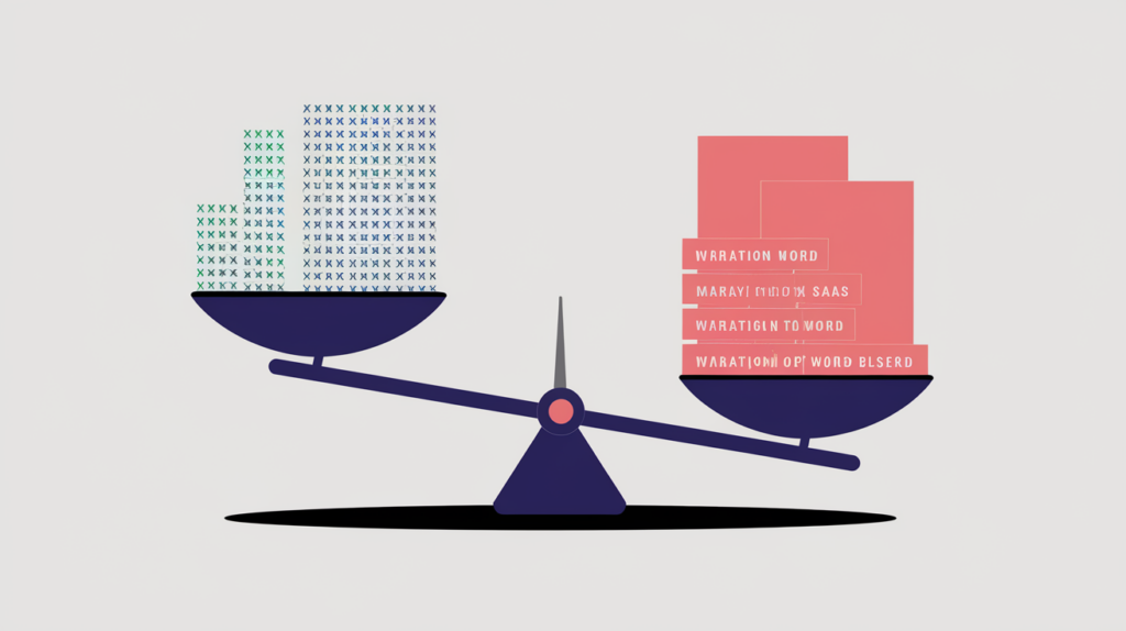 Abstract illustration of a variation-to-word density ratio weighing keyword variations in markup against clean page words, in RankGear indigo and coral.