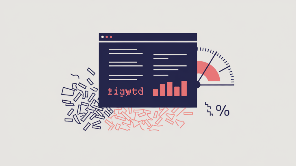Abstract illustration of highlighted keyword tokens as a fraction of cleaned page text feeding a density gauge, in RankGear indigo and coral.