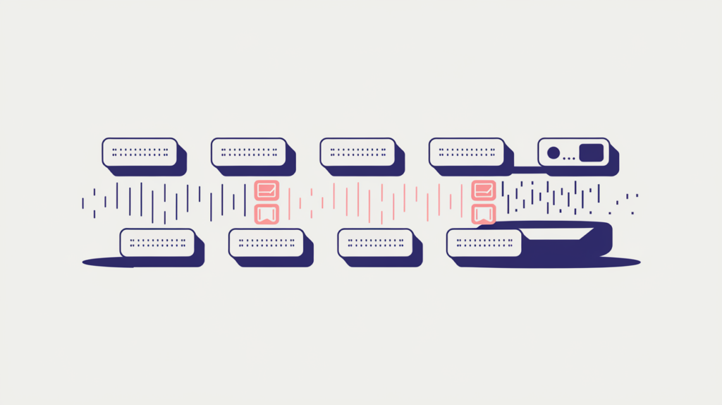Abstract illustration of hyperlink anchor-text labels being counted for exact query matches, in RankGear indigo and coral.