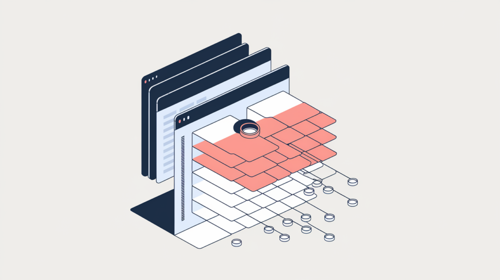 Abstract illustration of a search phrase matched repeatedly across a page's full HTML source, in RankGear indigo and coral.