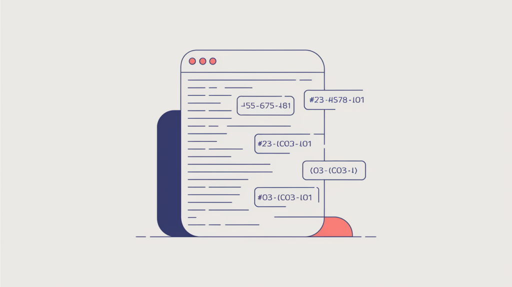 Abstract illustration of repeated keyword tokens in body text being counted into a running tally, in RankGear indigo and coral.