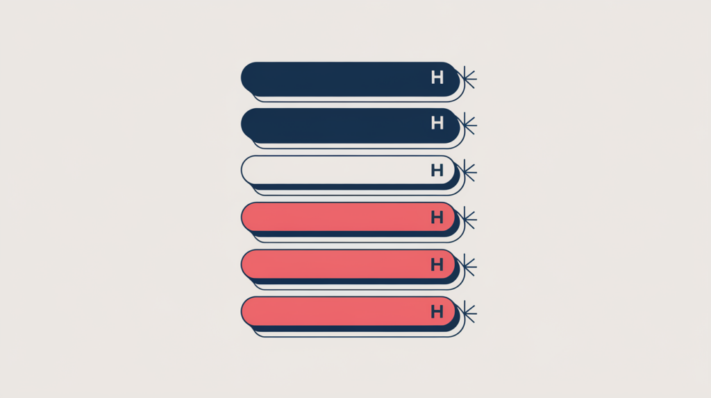 Abstract illustration of a six-level heading hierarchy being counted into a single total, in RankGear indigo and coral.