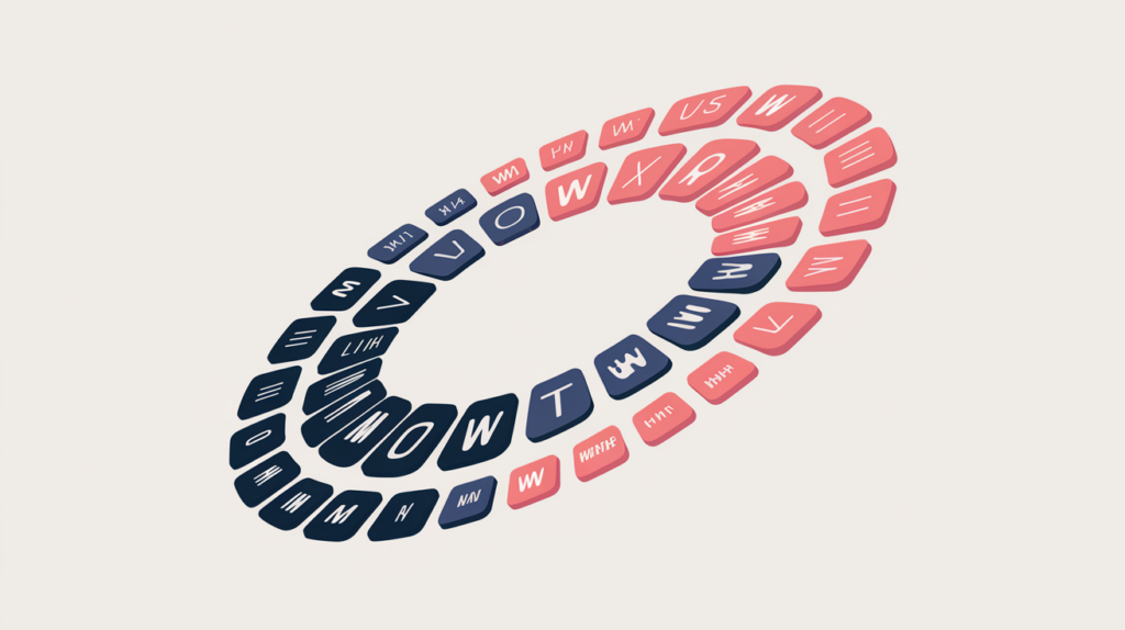 Abstract illustration of distinct keyword variation chips counted once around a central topic node, in RankGear indigo and coral.