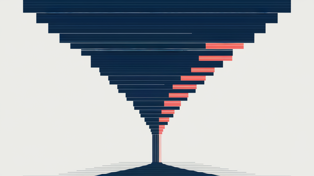 Abstract illustration of many repeated term matches compressed by a logarithmic curve into a single short score bar, in RankGear indigo and coral.