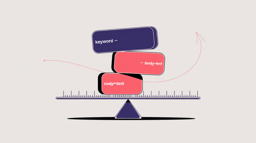 Abstract illustration of keyword-variation tokens balanced against page length on a logarithmic curve, in RankGear indigo and coral.