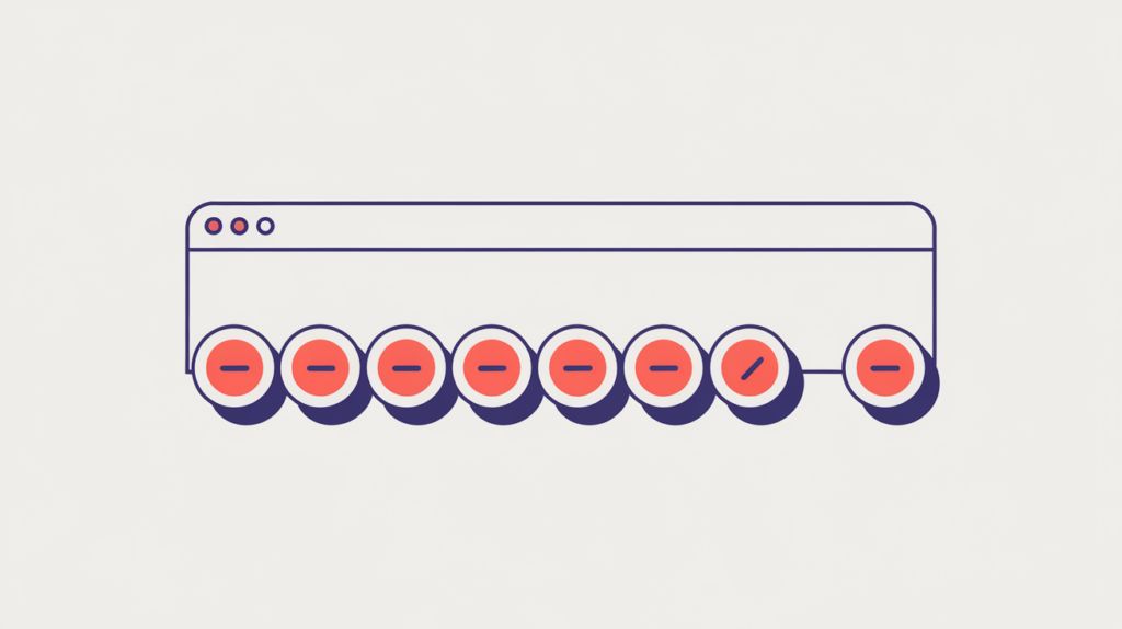 Abstract illustration of keyword tokens contained within a page title bar, one set complete and one missing a term, in RankGear indigo and coral.
