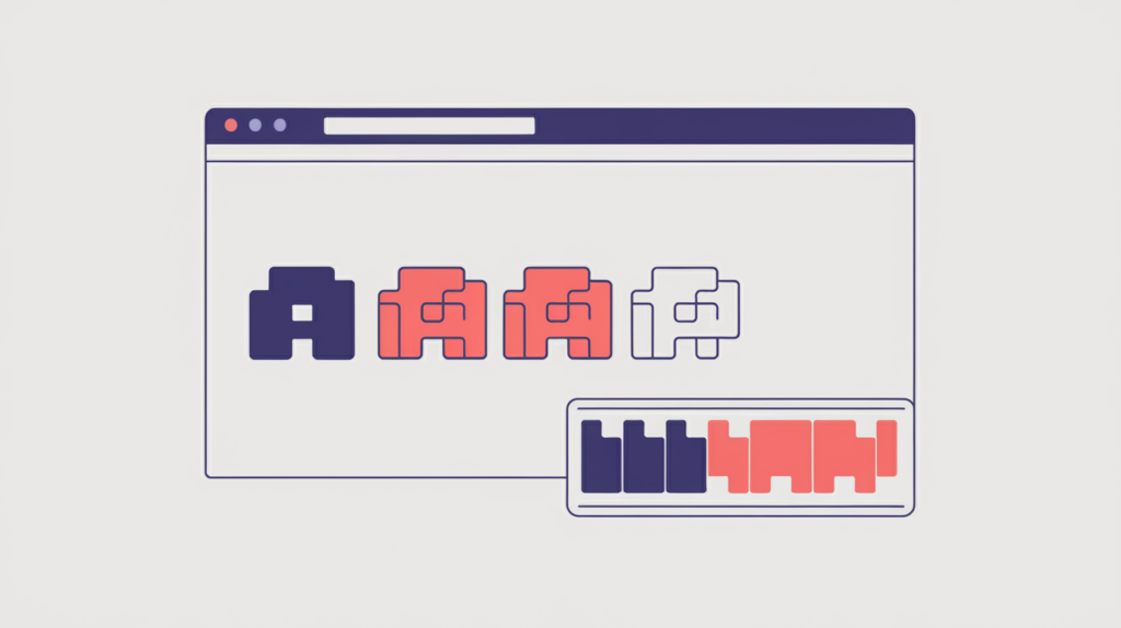 Abstract illustration of counting keyword variations inside a page title bar, in RankGear indigo and coral.