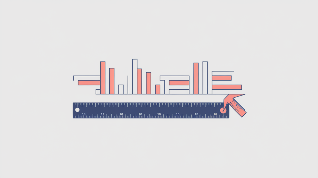 Abstract illustration of a page title bar measured for character length by a ruler and caliper, in RankGear indigo and coral.