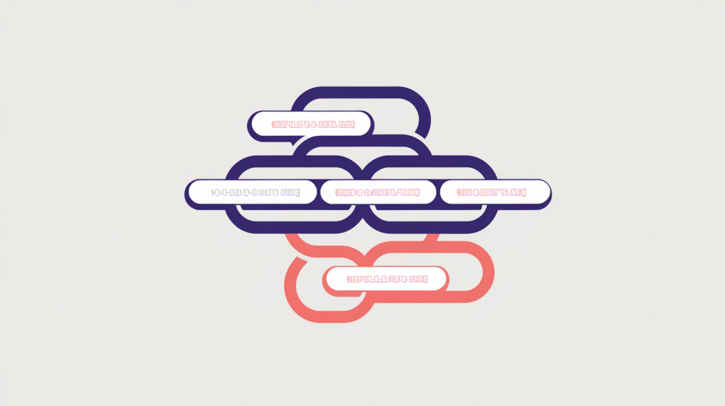 Abstract illustration of keyword variations highlighted inside link destination URLs, in RankGear indigo and coral.