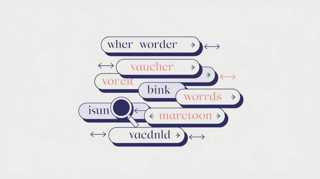 Abstract illustration of keyword variations counted inside link anchor text, in RankGear indigo and coral.
