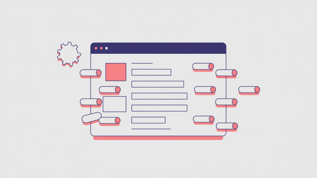 Abstract illustration of an HTML article content block with counted keyword-variation tokens inside its border, in RankGear indigo and coral.
