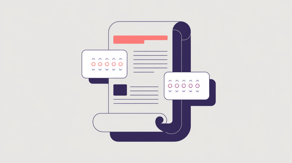 Abstract illustration of supplementary aside note cards beside a main content column with counted keyword-variation markers, in RankGear indigo and coral.