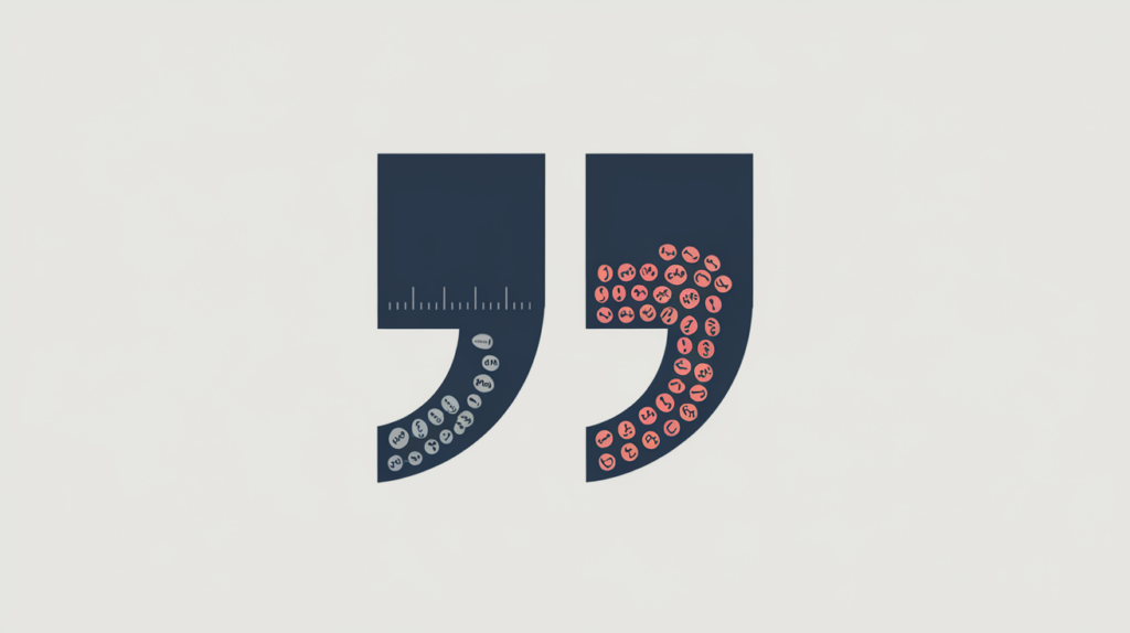 Abstract illustration of keyword variations counted inside a blockquote quotation panel, in RankGear indigo and coral.