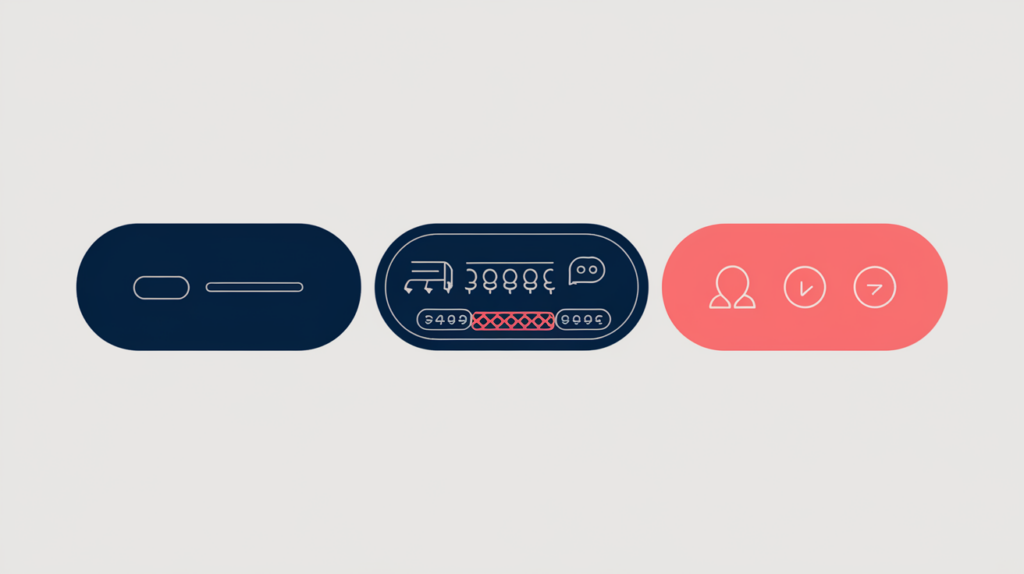 Abstract illustration of keyword variations counted inside UI button elements, in RankGear indigo and coral.