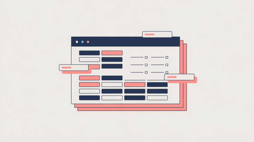 Abstract illustration of a data table with a highlighted caption label and counted keyword variations, in RankGear indigo and coral.